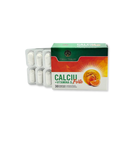 CALCIU+VITAMINA D3 FORTE AROMA PORTOCALA X30 cpr., calciu elementar 500mg 62.5%NR, vitamina D3 (colecalciferol) 5ug/100%VNR