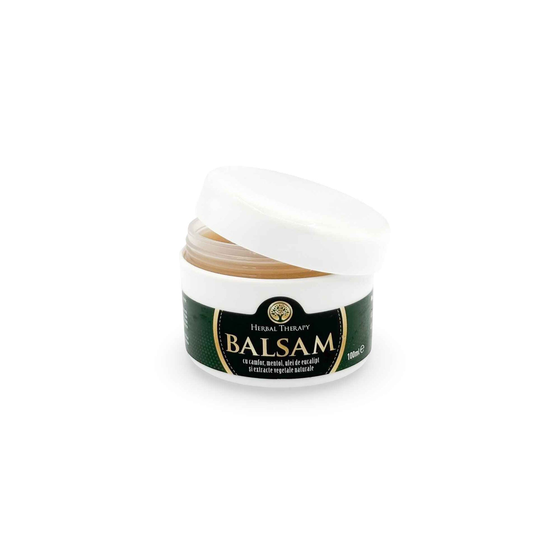 Balsam cu camfor, mentol, ulei de eucalipt și extracte naturale, Herbal Therapy, 100 ml, cu capacul deschis.