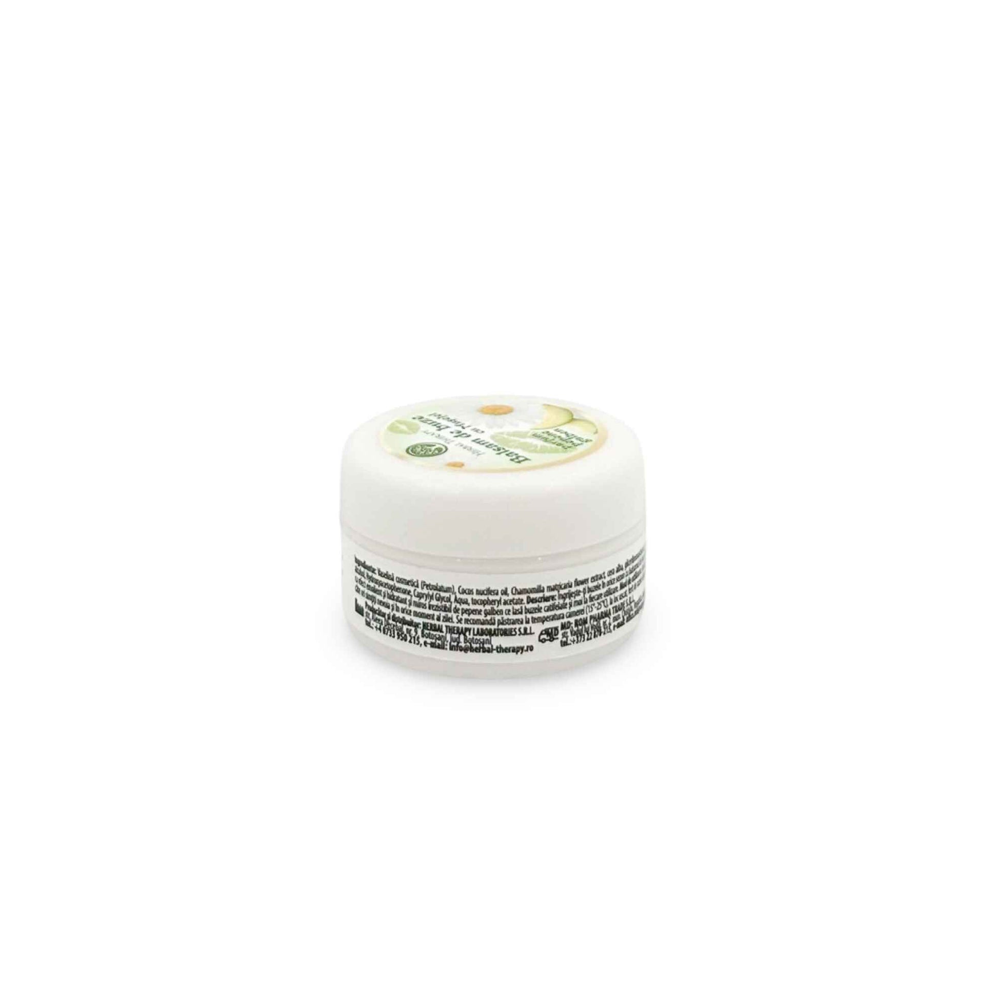 Spatele borcanului cosmetic cu balsam de buze cu mușețel și pepene galben, Herbal Therapy, cu detalii despre ingrediente.