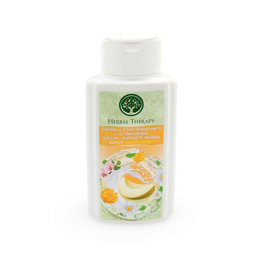 Recipient de cremă de corp hidratantă cu D-panthenol și parfum de pepene galben, Herbal Therapy, 250 ml.