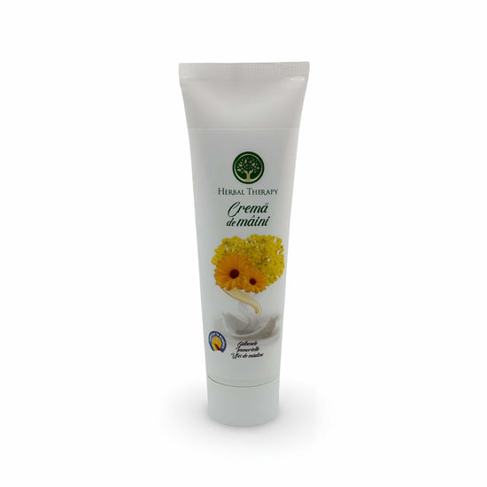 Tub cu cremă de mâini cu extracte de gălbenele, immortelle și ulei de măsline, Herbal Therapy, 100 ml.