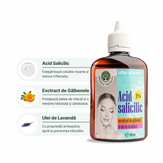 Sticlă loțiune antiacneică Herbal Therapy cu detalii despre ingredientele active, 100 ml.