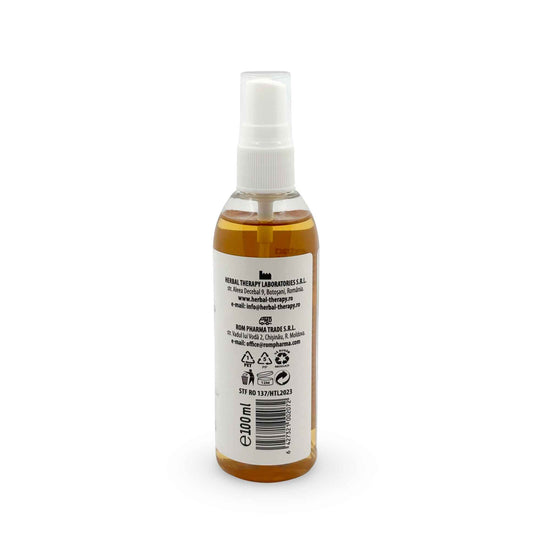 Spatele recipientului cu loțiune antiacneică pentru față și corp Herbal Therapy, 100 ml, detalii de contact și cod de bare.