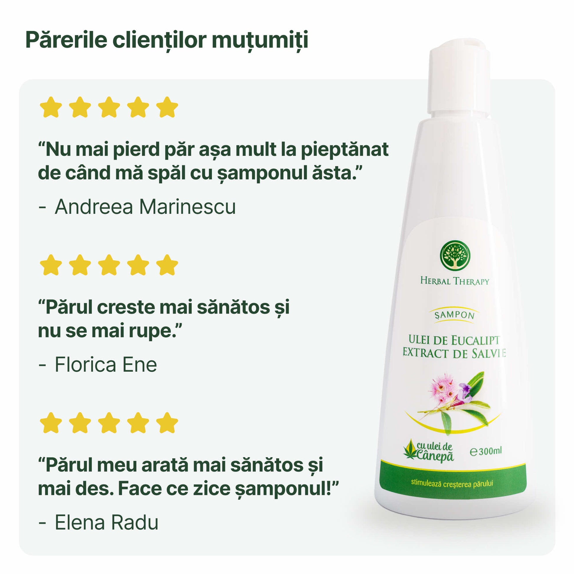 Parerile clientilor despre samponul cu ulei de eucalipt, extract de salvie si ulei de canepa, cu evaluari de 5 stele pentru prevenirea caderii parului și sanatatea parului.