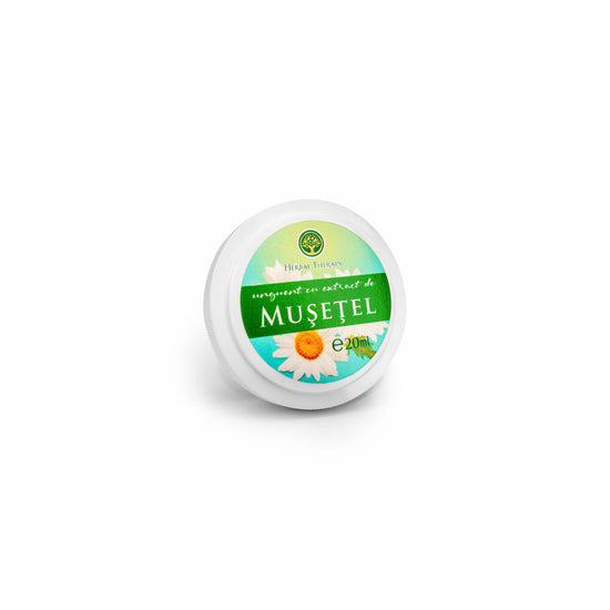 Borcan cosmetic Herbal Therapy cu unguent cu extract de mușețel, 20 ml, vedere frontală.