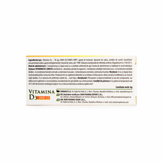Vitamin D3 2000 IU - Regulating Calcium and Phosphorus Levels and Reducing the Risk of Chronic Diseases, 30 Tablets